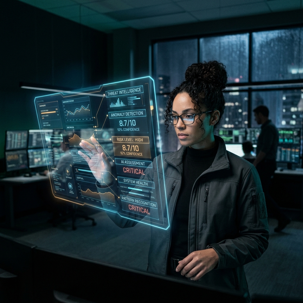 An analyst examining a confident, holographic AI display conveying synthetic authority